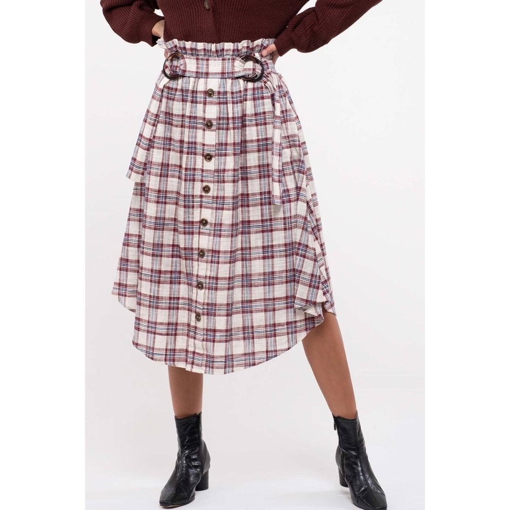 LAST 1! Woven Plaid Paperbag Belted Midi Skirt